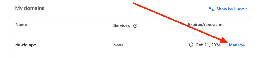 Manage button in my domains section on google domains