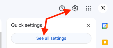 Clicking the cogwheel and navigating to see all settings in gmail