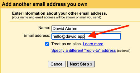 Inputting custom email address into the email address field