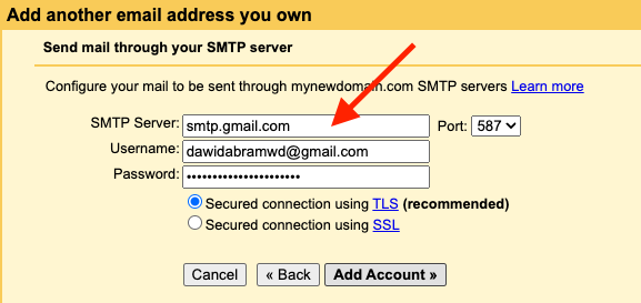 Inputting the SMTP details for personal email