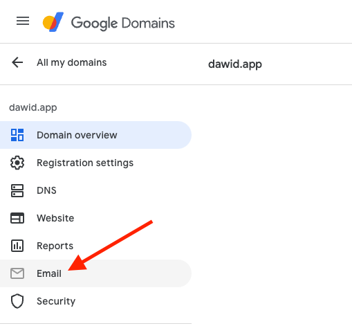 Sidebar with email button on google domains