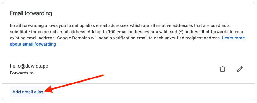 Email forwarding section on google domains